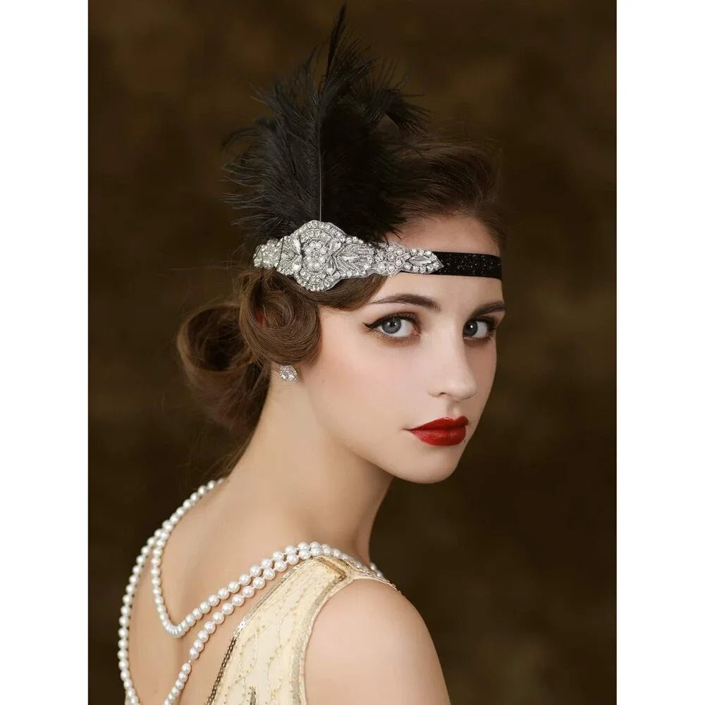 1920s Headpiece Flapper Headband Rhinestone Feather Great Gatsby Accessories